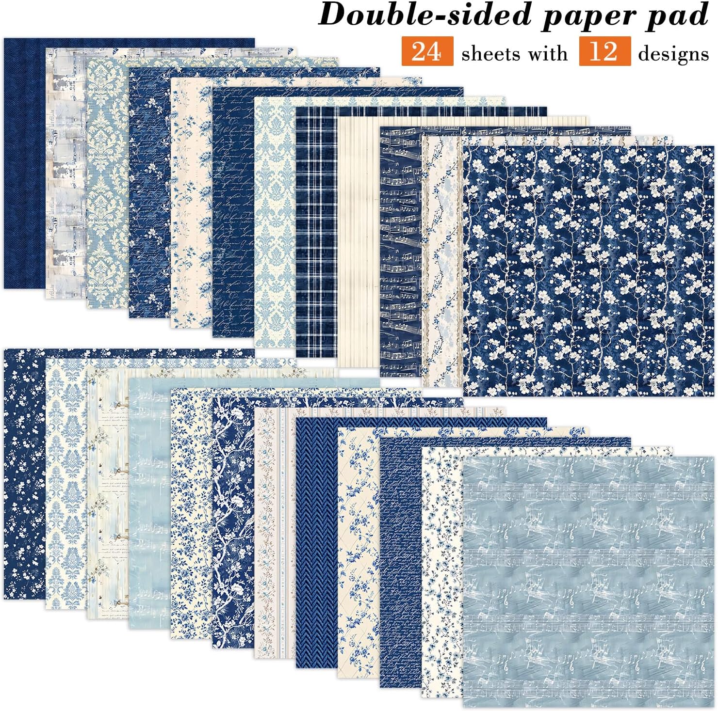 6 Inch Blue Floral Aesthetic Scrapbooking Paper Pad - 24 Sheets Double Sided Patterns for Background Photos Junk Journal Card Making Origami DIY Crafts Gifts Wrapping Material - Image 2